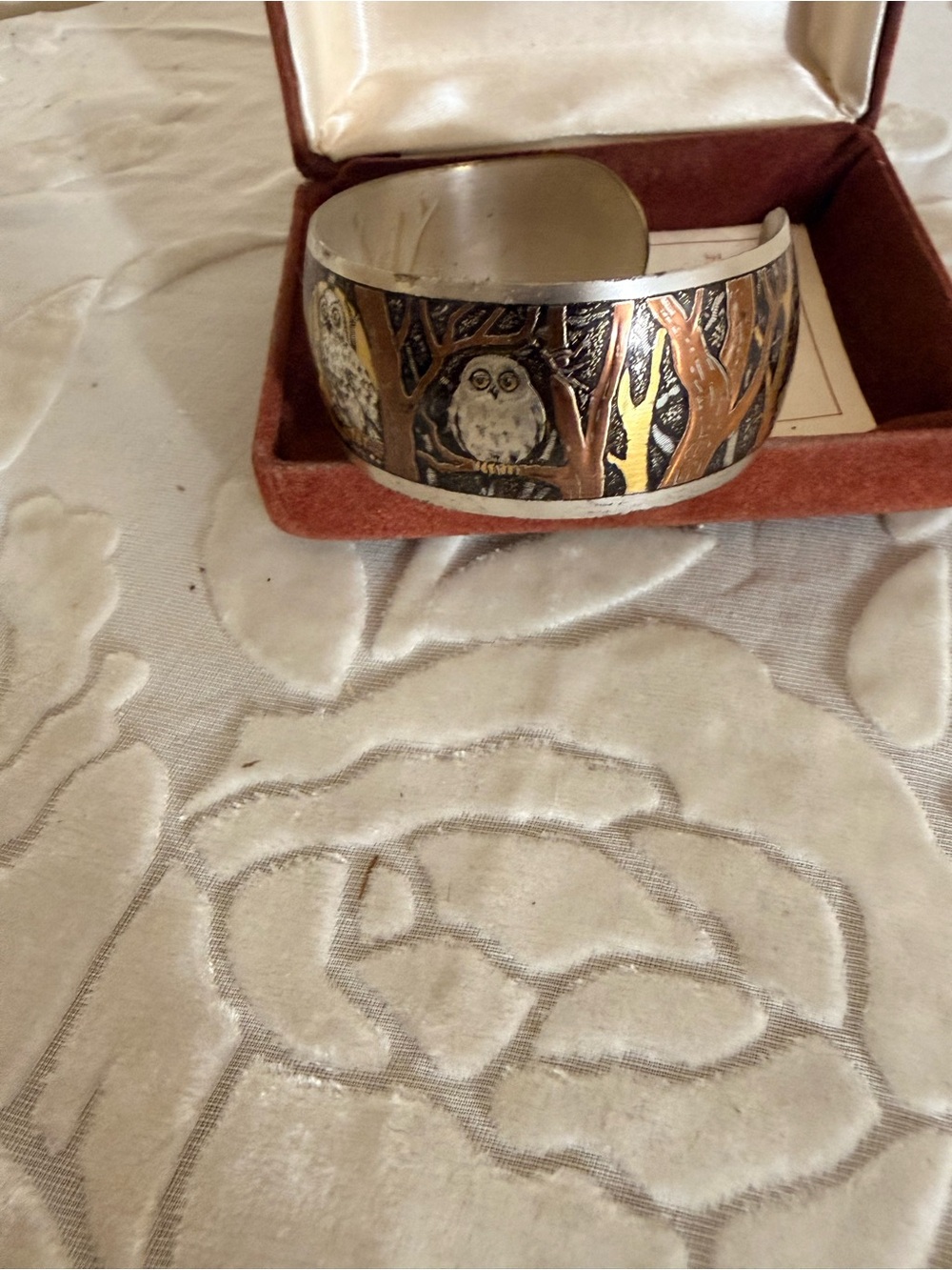 Reed & Barton Damascene Silver Plated, Brass & Copper Owl Motif Cuff Bracelet
